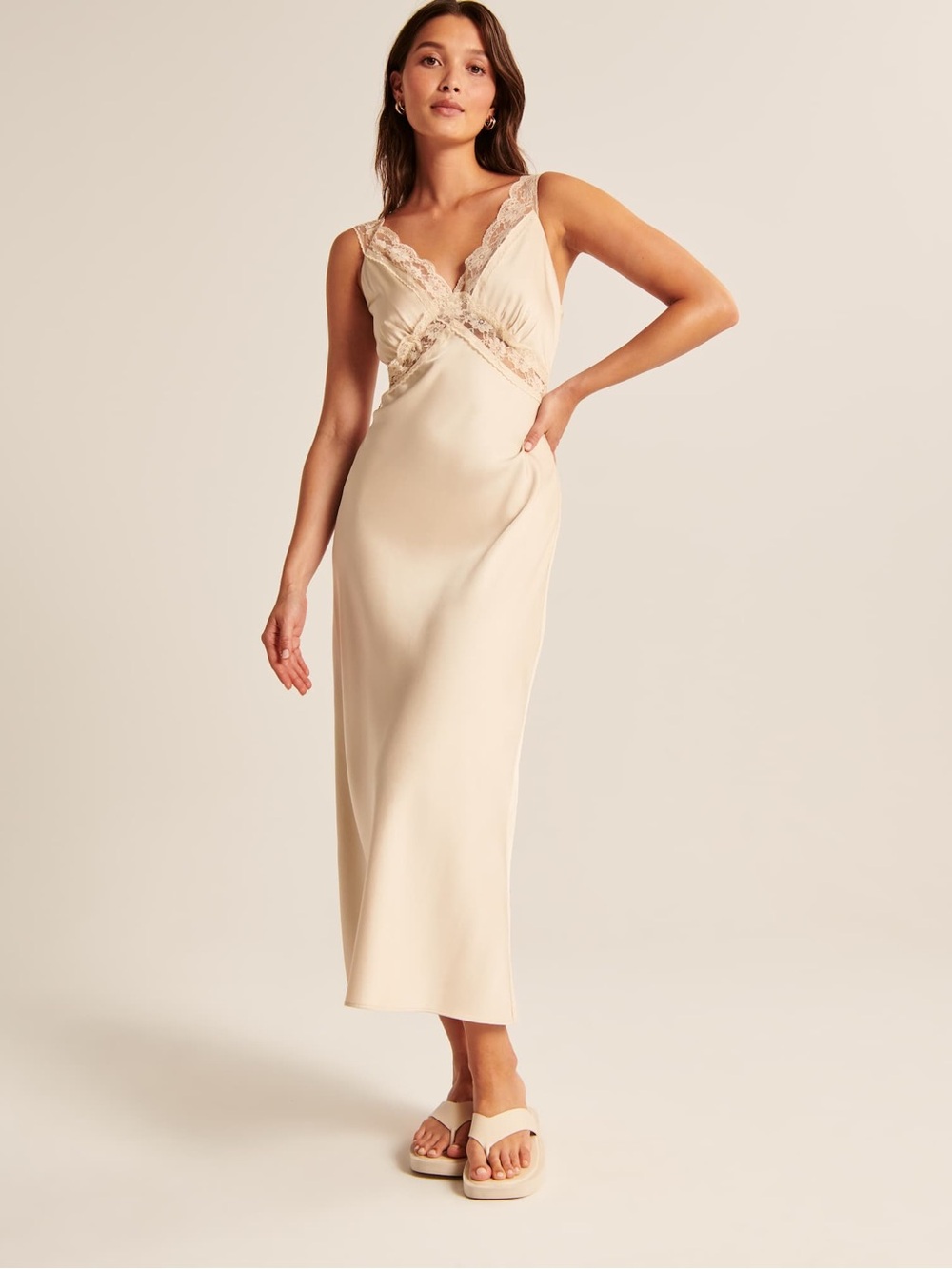 Abercrombie & Fitch Satin Slip Midi Dress in Cream